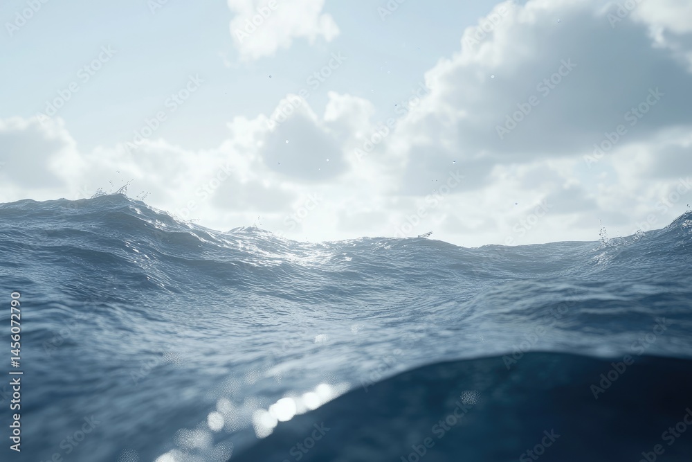 Ocean waves under a bright sky. Gentle swells and ripples visible from underwater perspective. Light clouds drift across the vastness above Ocean waves under a bright sky. Gentle swells and ripples visible from underwater perspective. Light clouds drift across the vastness above