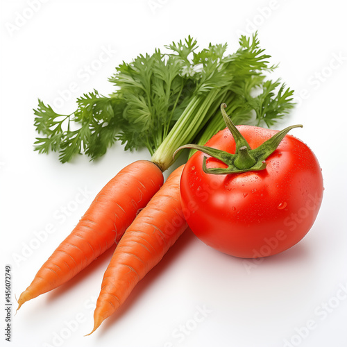 Two vibrant carrots with green tops and one plump red tomato are neatly placed on a clean white surface, showcasing fresh produce ideal for healthy meals or culinary presentations