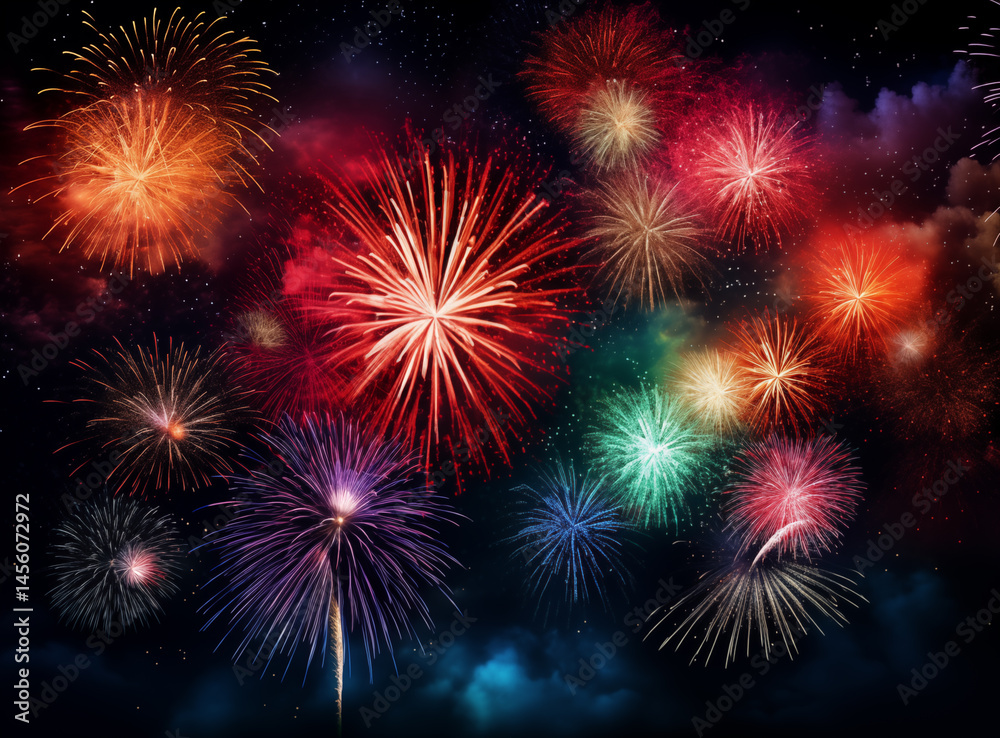 Fototapeta premium Brightly colored fireworks illuminate the dark sky, creating a festive atmosphere filled with various shapes and patterns. The display captures the joy and excitement of a celebration at night