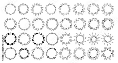 Line art flower circle frame set. Hand drawn black round line border, leaves and flowers, wedding invitation and cards, logo design and posters template. Elegant minimal style floral isolated set