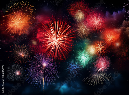 Brightly colored fireworks illuminate the dark sky, creating a festive atmosphere filled with various shapes and patterns. The display captures the joy and excitement of a celebration at night