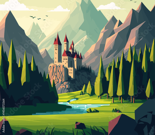 Cartoon Fairytale Castle Vector Illustration. Enchanting whimsical design a tall stone structure with towers, battlements, and a pointed red roof. Lush green hills and a bright blue sky 