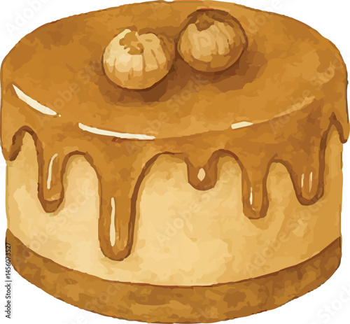 A watercolor-style illustration of a delicious caramel cake topped with two hazelnuts and drizzled with golden caramel, showing a smooth and creamy texture