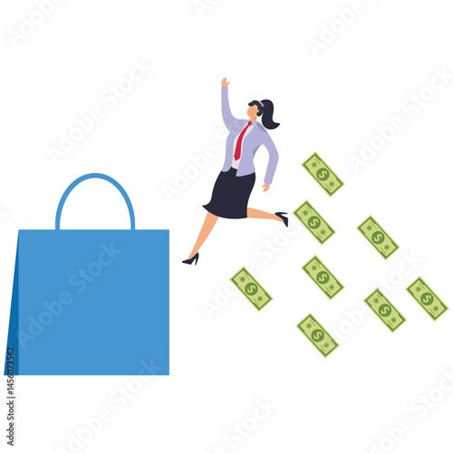 A businesswoman jumps over a large shopping bag and money scatters behind him. Illustration of overspending, big spending, too much shopping