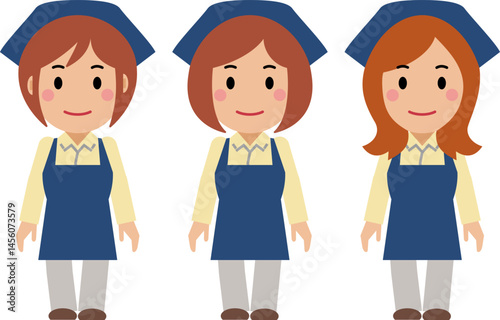 両手を下ろし、すまし顔の紺色エプロンの若い女性