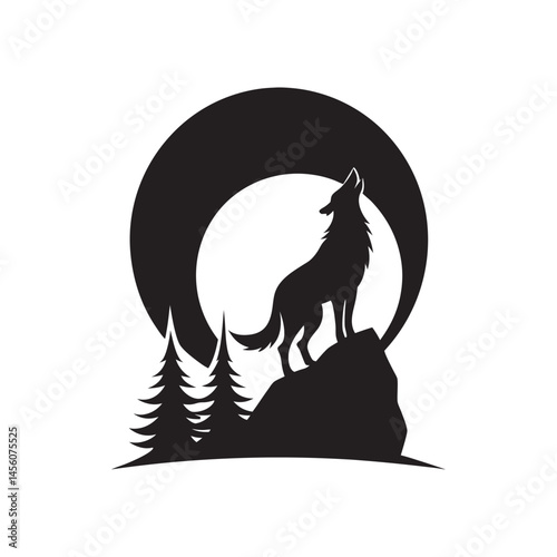 Howling Wolf Silhouette with Moon Theme, Wildlife Profile in Black and White