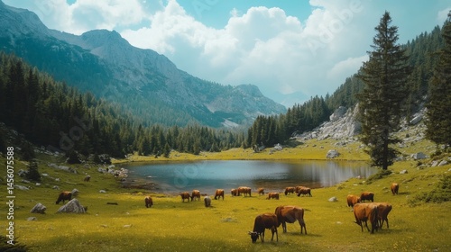 Obraz na płótnie Cows graze by mountain lake, idyllic summer pasture w salonie