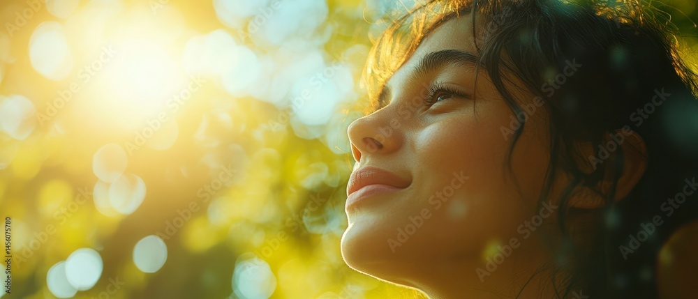 Fototapeta premium Teenage girl looks up with hopeful facial expression, bathed in sunshine, contemplating life.