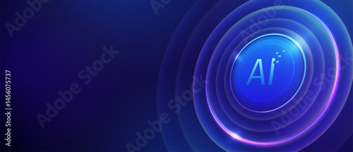 Glowing AI icon with futuristic tech background rings