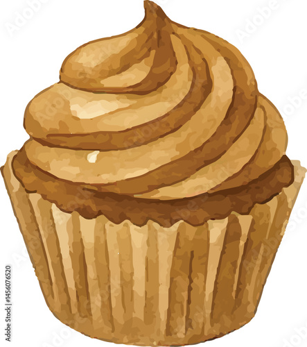 A watercolor-style illustration of a delicious cupcake with a swirl of caramel frosting on top, sitting in a ridged paper cup, perfect for a sweet treat
