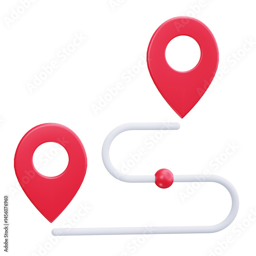 3d icons two red location pins and a white curved path symbolize a journey.