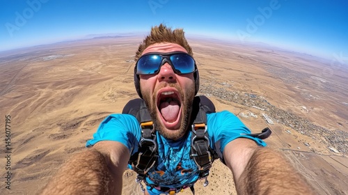 Excited skydiver capturing a thrilling selfie during freefall
