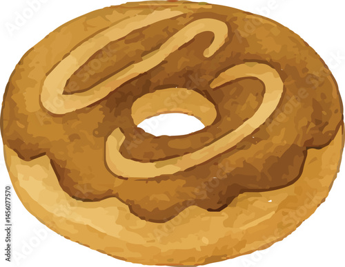 A watercolor-style illustration of a delicious donut with a smooth caramel glaze and decorative swirl icing, perfect for a sweet snack