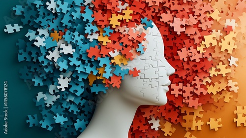Abstract concept of human thoughts with puzzle pieces forming a head silhouette