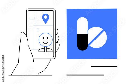 Hand holding smartphone with map pin and smiling face icon beside pills icon on vibrant background. Ideal for healthcare, telemedicine, pharmacy, delivery, location services, apps, wellness. Flat