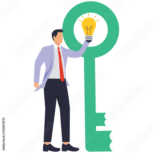 A businessman puts the idea lamp into the key. Illustration for business keys, business systems and strategies, opportunities and motivation