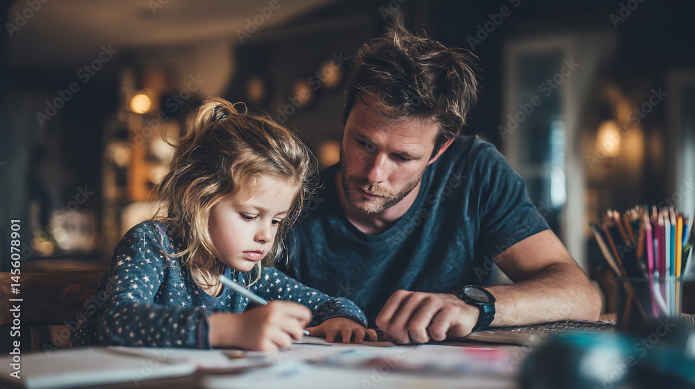 Fototapeta premium Father assisting young daughter with drawing at table with colored pencils and paper in warm indoor setting
