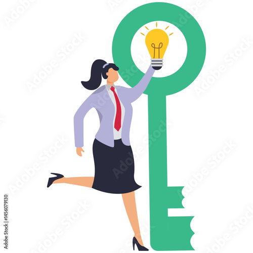 A businesswoman puts the idea lamp into the key. Illustration for business keys, business systems and strategies, opportunities and motivation