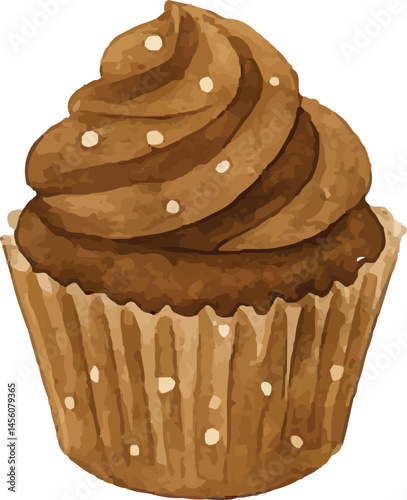 A watercolor-style illustration of a chocolate cupcake with a swirled chocolate frosting topped with sprinkles, set in a ridged paper cup, perfect for a sweet treat