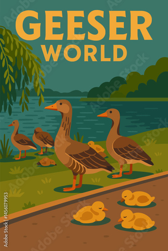 Cartoon Geese and Ducklings Near Water in a Peaceful Nature Setting