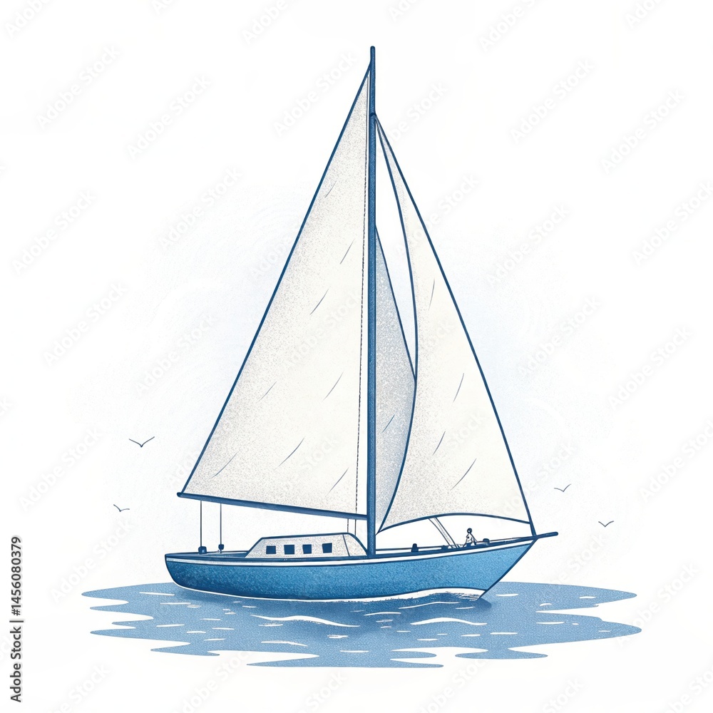 Fototapeta premium Sailboat sailing on water with gentle waves and birds in the background.
