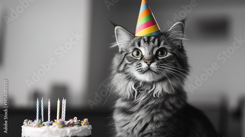 Birthday Cat with Party Hat and Cake