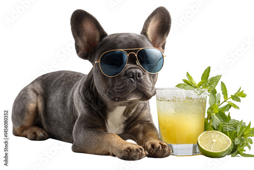 Relaxing french bulldog enjoys refreshing drink with lime home setting animal portrait cozy environment playful concept for seo impact photo