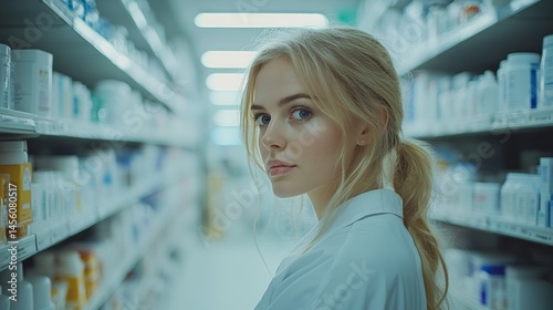 A young woman's thoughtful pose in a retail pharmacy.
