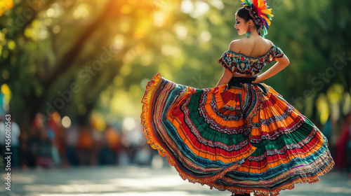 mexican young woman in national dress with full skirt and flowers in hair dances on blurred background of festive street of mexico city, day of the dead, cinco de mayo