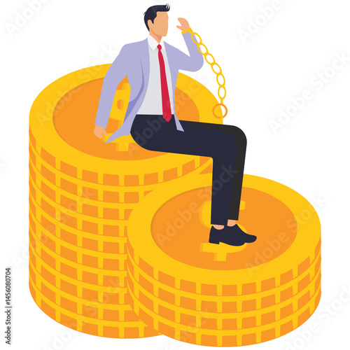 A businessman sits with his hands cuffed on a pile of gold coins. Illustration for golden handcuffs, exclusive contract, binding workers.
