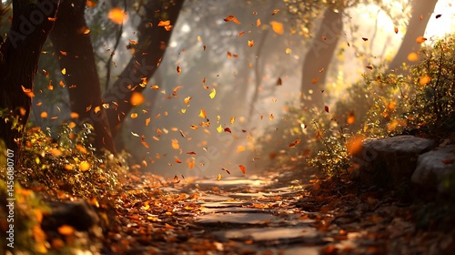 A dreamy forest path in autumn with golden leaves gently falling, fog rising from the ground, and warm sunlight filtering through tall trees, creating a cinematic, magical atmosphere with high detail.