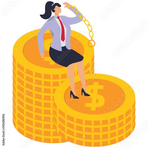 A businesswoman sits with his hands cuffed on a pile of gold coins. Illustration for golden handcuffs, exclusive contract, binding workers.