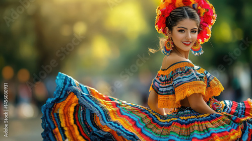 mexican young woman in national dress with full skirt and flowers in hair dances on blurred background of festive street of mexico city, day of the dead, cinco de mayo