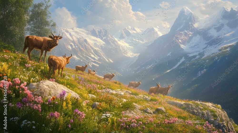 Deer herd grazing alpine meadow, majestic mountains backdrop, sunny day, nature scene