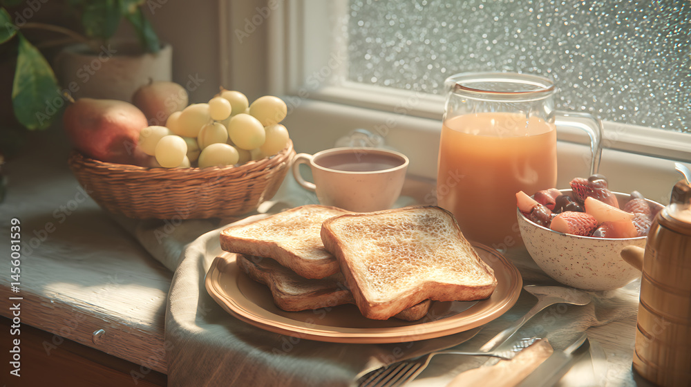 Still life of breakfast with toast, fruit, juice, and coffee by a window on a light colored surface Still life of breakfast with toast, fruit, juice, and coffee by a window on a light colored surface