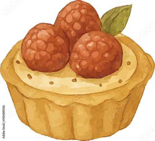 A watercolor-style illustration of a small tart topped with three fresh raspberries and a green leaf, showcasing a light, fruity dessert