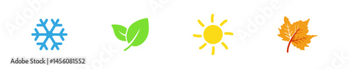 Seasons icon set. Weather graphic sign in vector design style. Winter, spring, summer, autumn pictogram. Snow, sun, leaf
