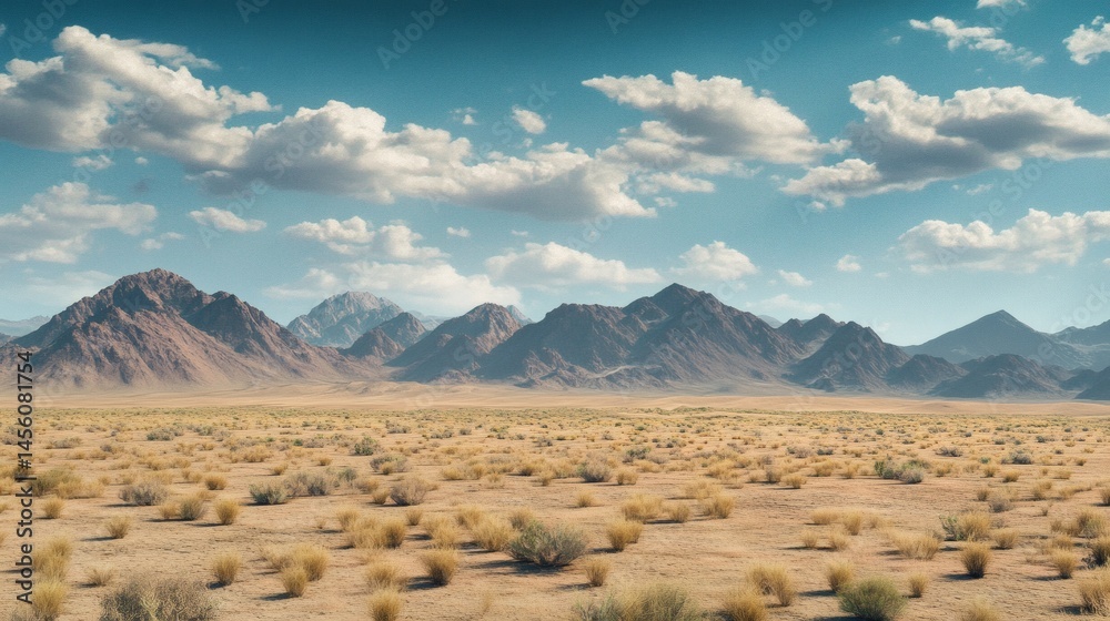 Desert mountain range under a partly cloudy sky. Background shows sparse desert vegetation. Ideal for travel brochures