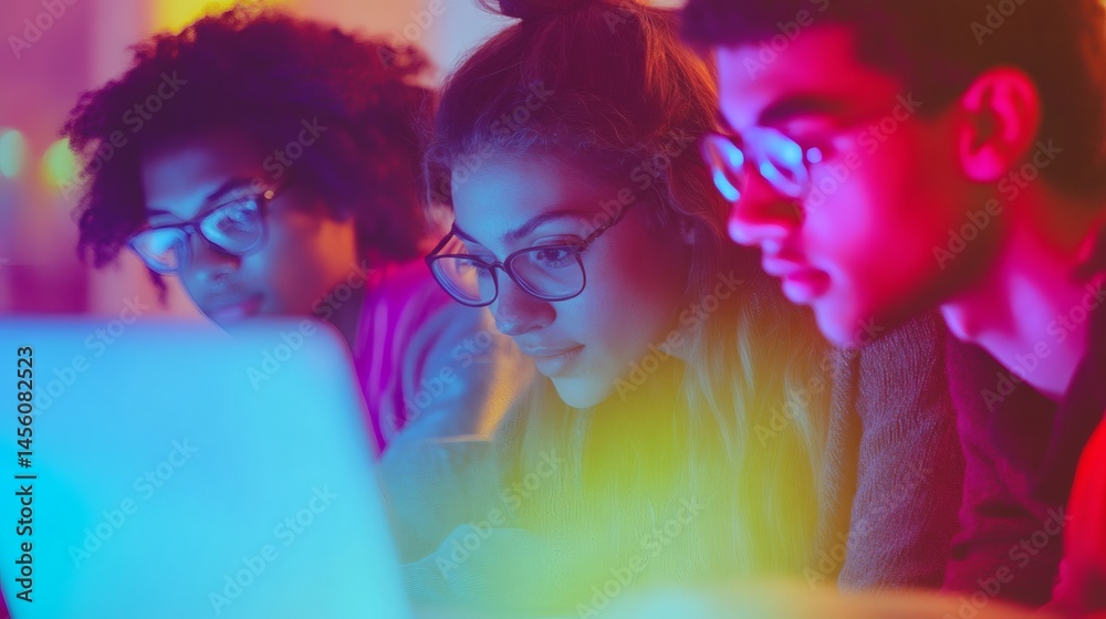 Diverse students collaborate on laptop, night study, colorful lighting, teamwork. Use education
