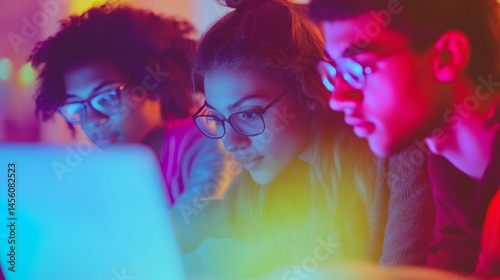 Obraz na płótnie Diverse students collaborate on laptop, night study, colorful lighting, teamwork. Use education w salonie