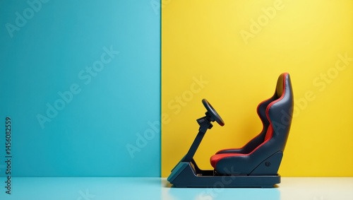 Simracing. Black and red gaming chair with steering wheel on blue yell
