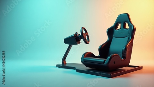 Simracing. Racing on pause. Isolated background, copyspace.. Paused racing cars steering wheel stands alone in empty space, symbolizing stagnation and unfulfilled drive forward.