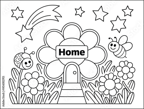 Cute Flower House Coloring Page for Kids with Insects