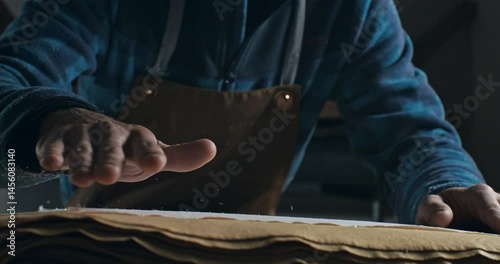 Super Slow Motion of Artist Gently Pressing Hand on Handmade Textured Paper in Natural Light, Feeling the Surface Before Beginning a Creative Process Like Drawing, Painting, or Calligraphy in a Studio