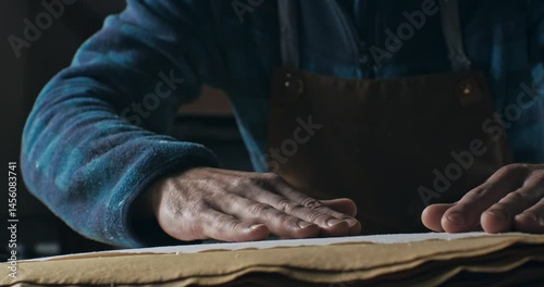 Super Slow Motion of Artist Gently Pressing Hand on Handmade Textured Paper in Natural Light, Feeling the Surface Before Beginning a Creative Process Like Drawing, Painting, or Calligraphy in a Studio