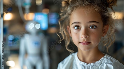 Child pediatric ward interacting with AI robot comforting companionship hospital room 35mm lens f28