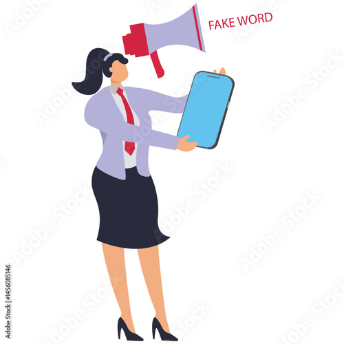 A businesswoman holds a mobile phone near a megaphone and there is the word fake, an illustration for fake news, hoax, illegal report, misinformation