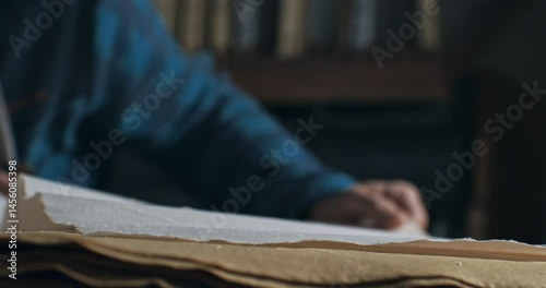Super Slow Motion of Handmade Paper Sheet Being Carefully Handled on a Wooden Surface, Showcasing Its Texture, Deckled Edges, and Natural Imperfections in a Craft or Artistic Studio Environment.
