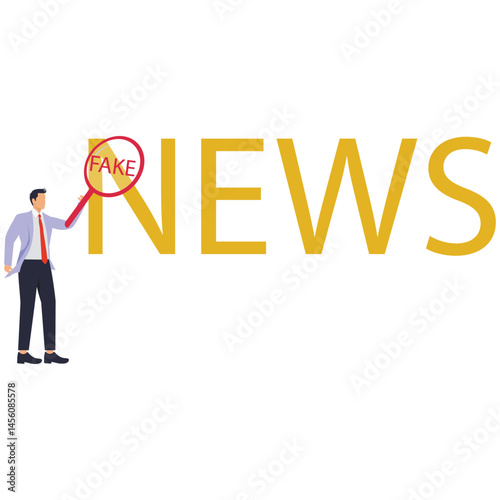 A businessman uses magnify to the word news in large size and the word fake appears, illustration for fake news, hoax, illegal report, misinformation
