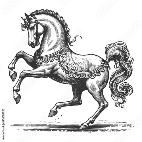 horse rearing on its hind legs, depicted in an engraved, woodcut style with fine details sketch engraving generative ai vector illustration. Scratch board imitation. Black and white image.
